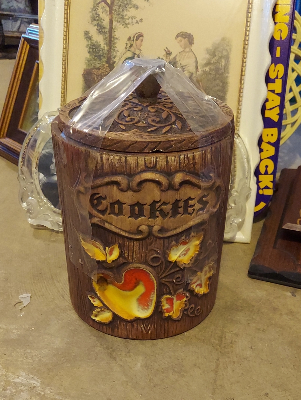 Vintage  Brown 'Cookies' Wooden Cookie Jar with Yellow Accent